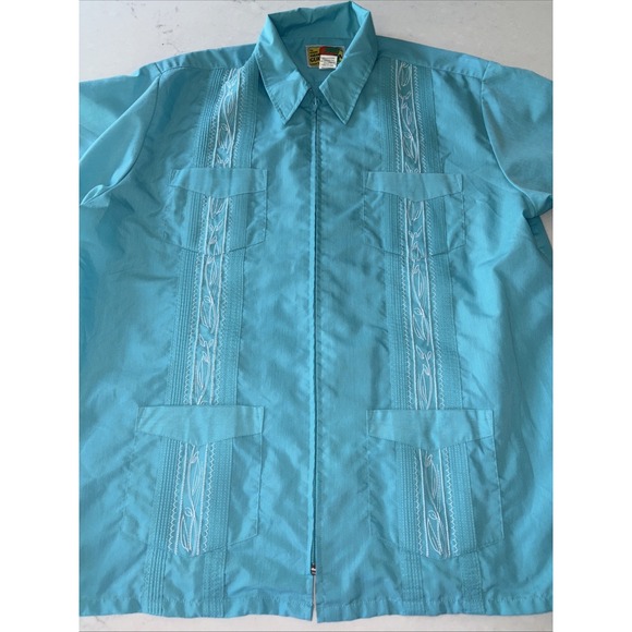 Haband Guayabera Embroidered Shirt Men's M Blue Zip Up‎ Short Sleeve 4 Pockets - Picture 1 of 7
